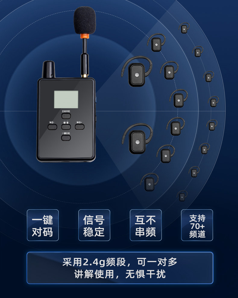 一键对码，信号稳定，互不串频，支持70+频道的无线讲解器